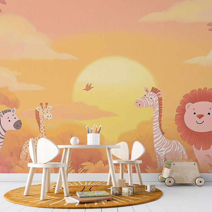 Tapete Tiere | Eine bunte Savannenszene mit einem Löwen, einer Giraffe und einem Zebra