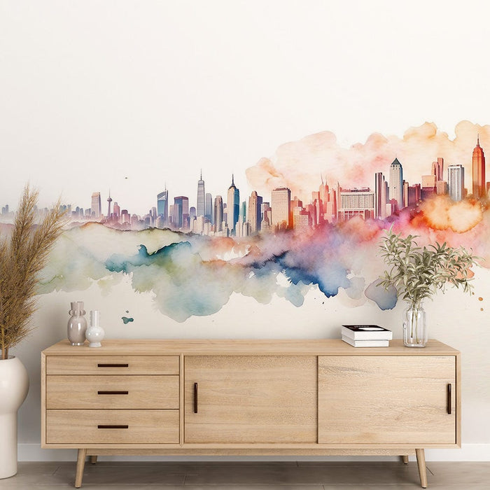 Papel de parede com design de mural de aquarela | Cidade de gradiente multicolorido