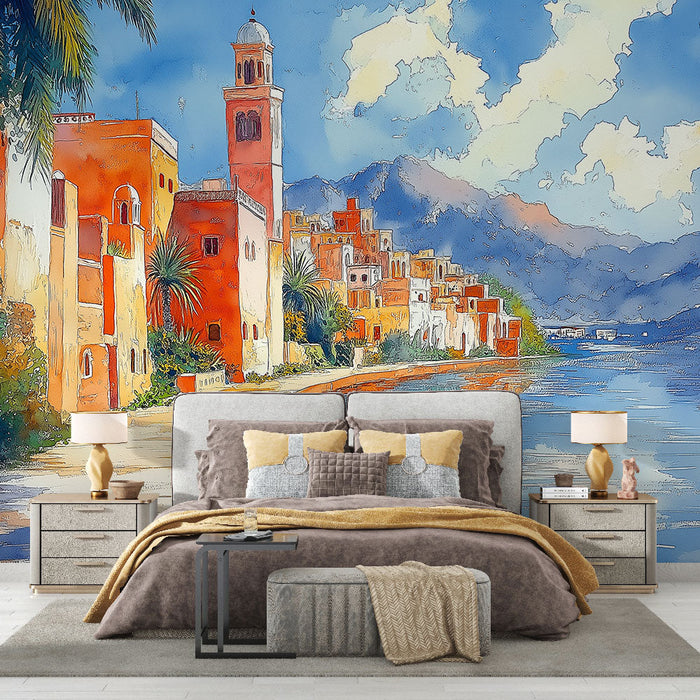 Tapete Aquarell Landschaft | Sonnige Küste