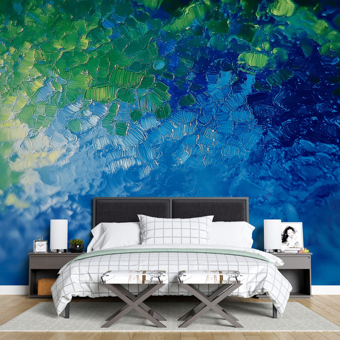 Blauwe aquatische muurschildering behang | Vredige reflecties en groene tinten