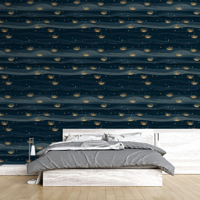 Aquatic mural wallpaper | Pattern of golden aquatic plants on a dark background