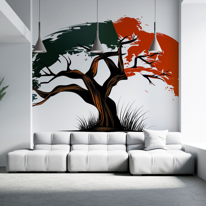 Tapetti abstrakti puu | Puu vihreillä ja oransseilla vivahteilla