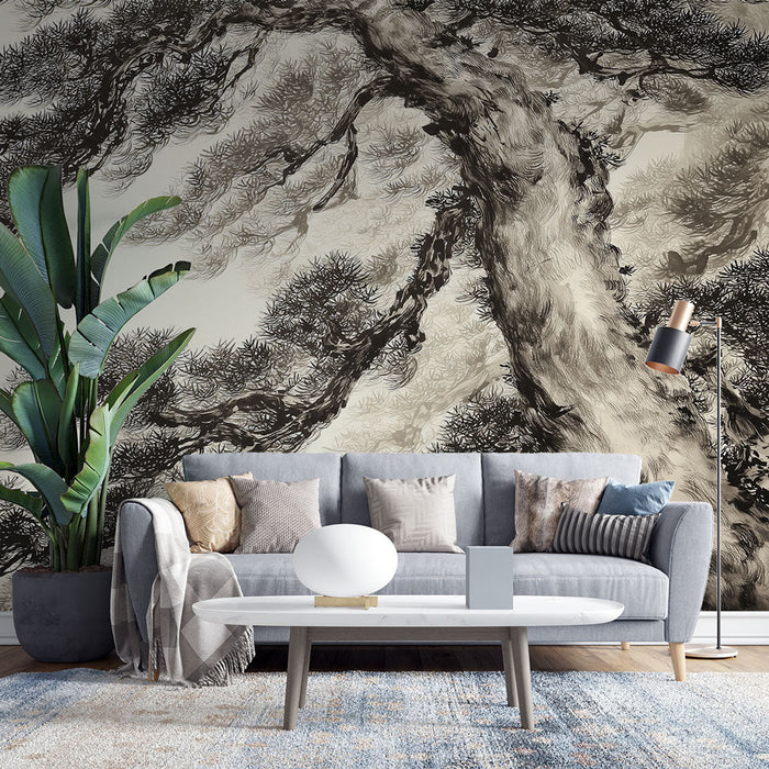 Tapet cu copac asiatic | Detalii în alb și negru ale unui copac măreț