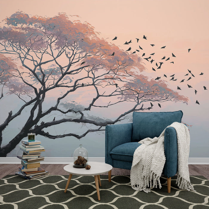 Mural Wallpaper tree at dusk | Silhouette of a tree with pastel leaves and birds flying