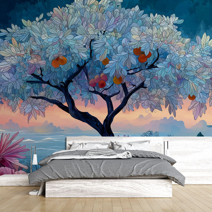 Tapeta ovocný strom | Strom se stříbrnými listy a ovocem v fantastické krajině