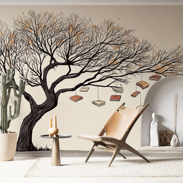 Fototapet drevo z knjigami | Veličastno golo drevo, obloženo s pisanimi knjigami