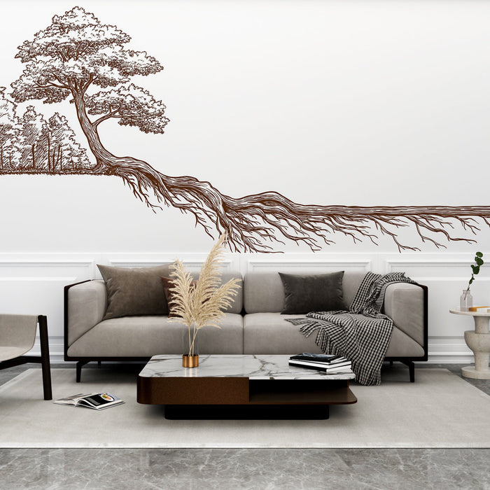 Fototapet stablo s korijenjem | Delikatna ilustracija stabla s detaljnim korijenjem