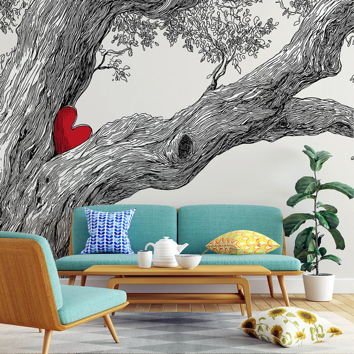 Fototapet drevo s srcem | Črno-bele veje drevesa z rdečim srcem