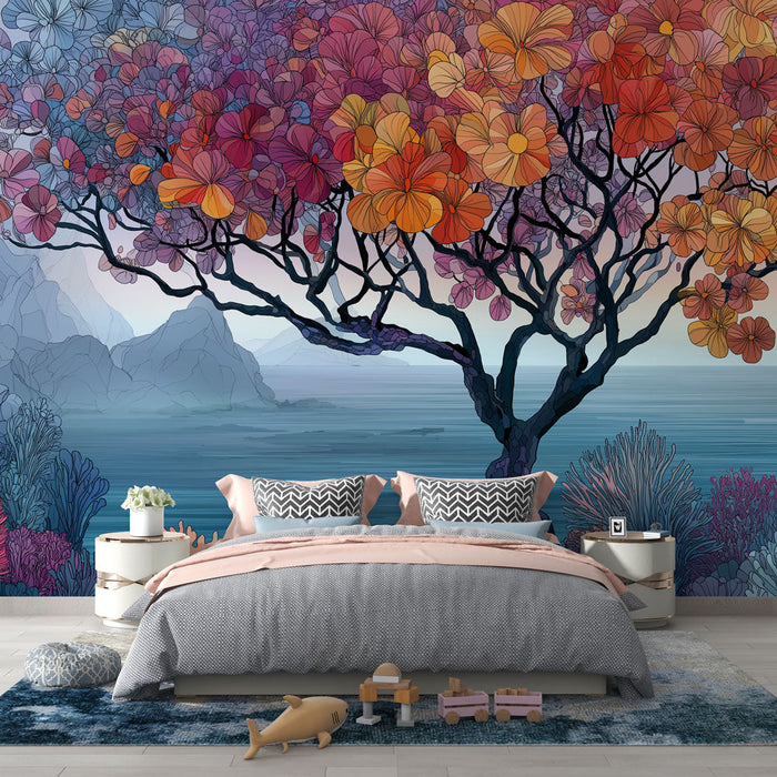 Fotótapé színes fa | Egy fa élénk virágokkal egy nyugtató tengeri háttérrel