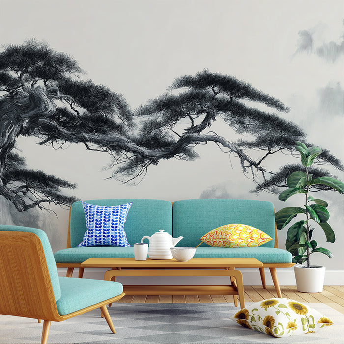 Fototapet tall med tall | Ett majestätiskt stiliserat tallträd i en dimmig atmosfär