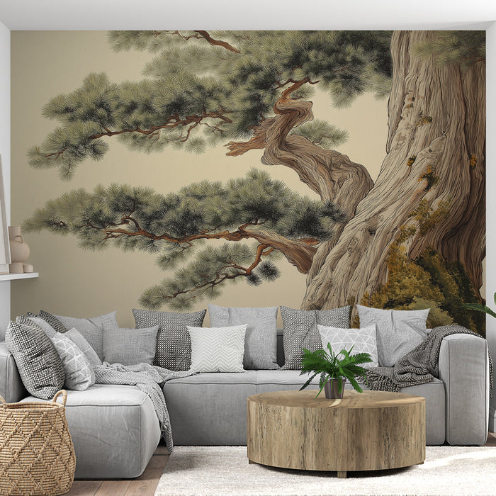 Fototapet borovca | Umetniški detajli zgaranega debla in bujnega listja