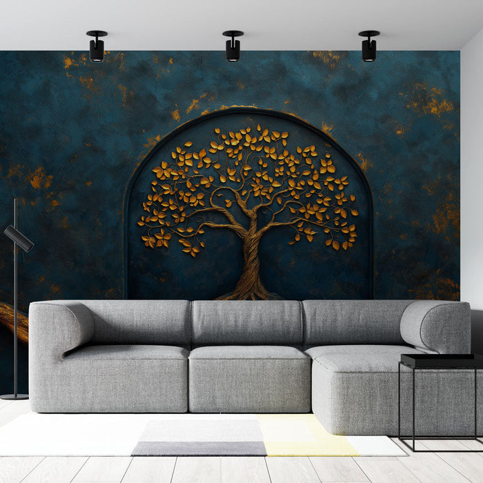 Drevo življenja tapeta | Umetniški reliefni dizajn na modrem ozadju
