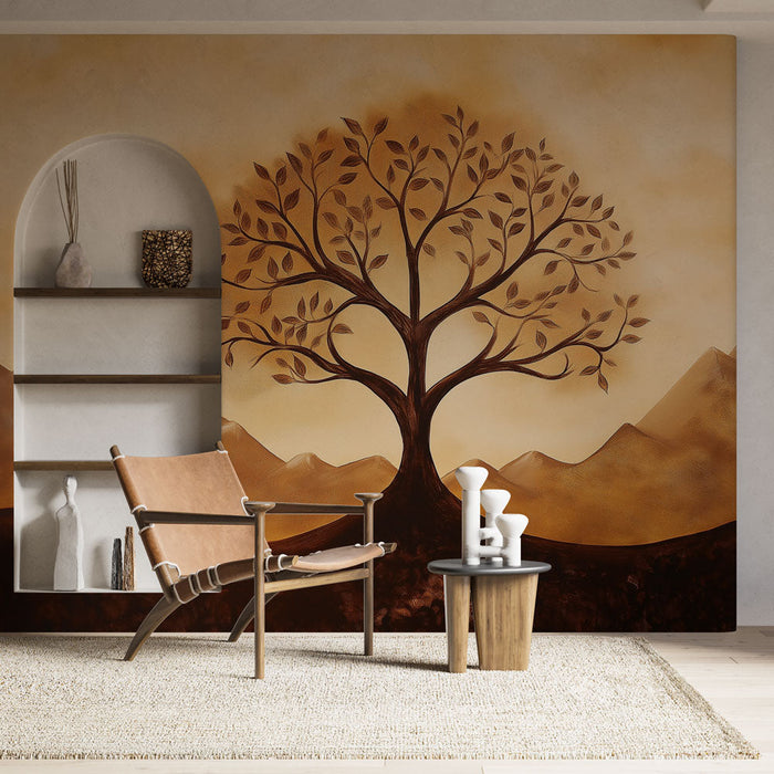 Papel de parede arvore da vida | Design elegante de montanhas e arvore da vida