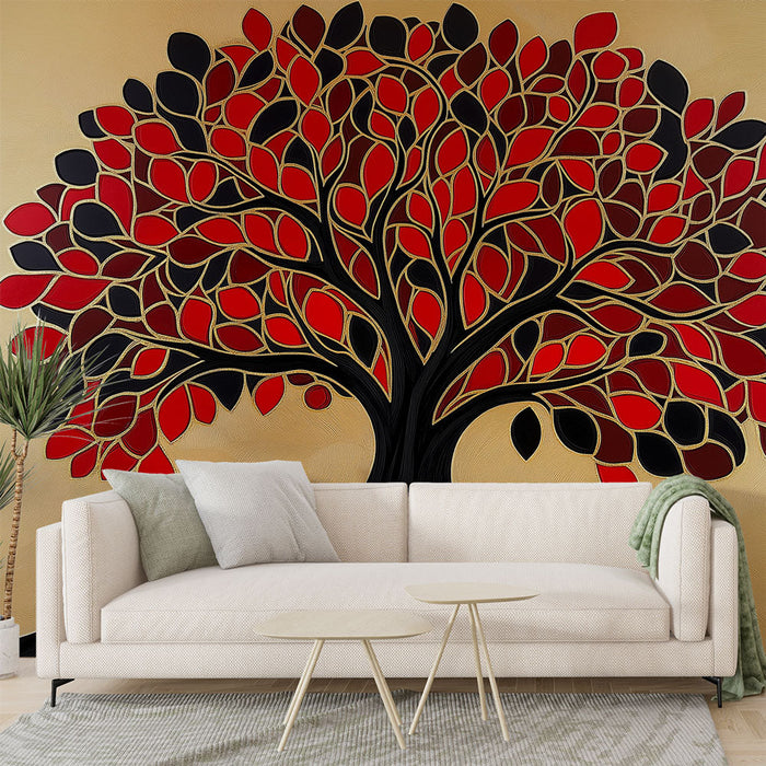 Carta da parati albero della vita | Foglie rosse e dorate su uno sfondo chiaro