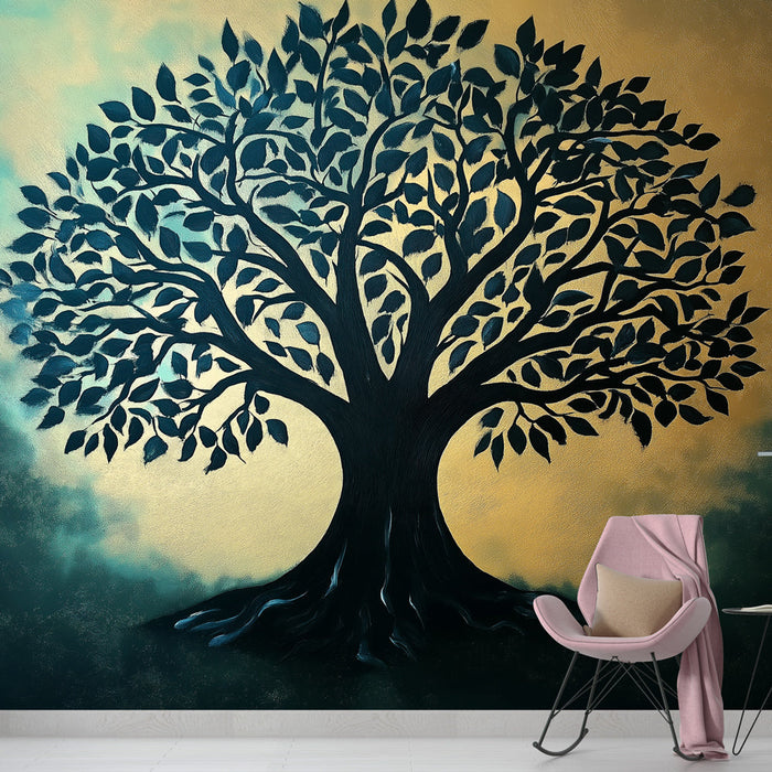 Fototapet hayat ağacı | Altın arka plan üzerinde zarif ağaç silüeti