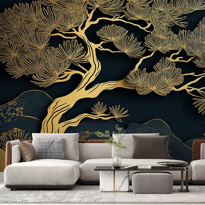 Mural Wallpaper golden tree | Graphic elegance with a golden pine pattern on a black background