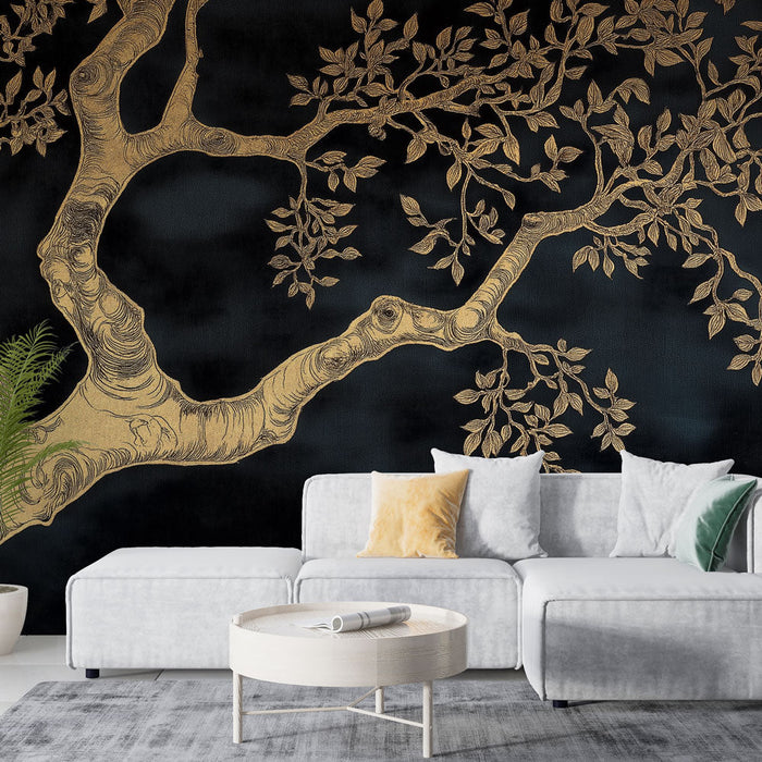 Mural Wallpaper kuldne puu | Elegantne harude ja lehtede muster mustal taustal