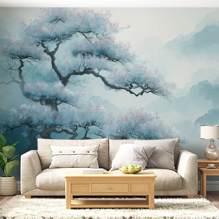 Fototapet blomstrende tre | Et delikat tre på en bakgrunn av blå tåke