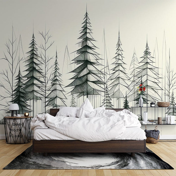 Tree Mural Wallpaper | Sketch of a Fir Forest