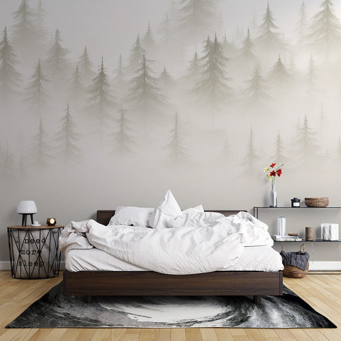 Papel de parede com mural de árvores | Floresta de pinheiros sombreados e neblina