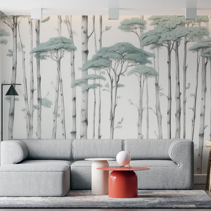 Tree Mural Wallpaper | Forest Drawn with Green Foliage