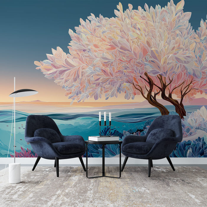Carta da parati albero e oceano | Un paesaggio con un albero dalle foglie delicate vicino all'acqua