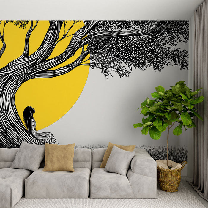 Tapete Baum und Sonne | Silhouette einer Frau unter einem großen Baum und einer gelben Sonne