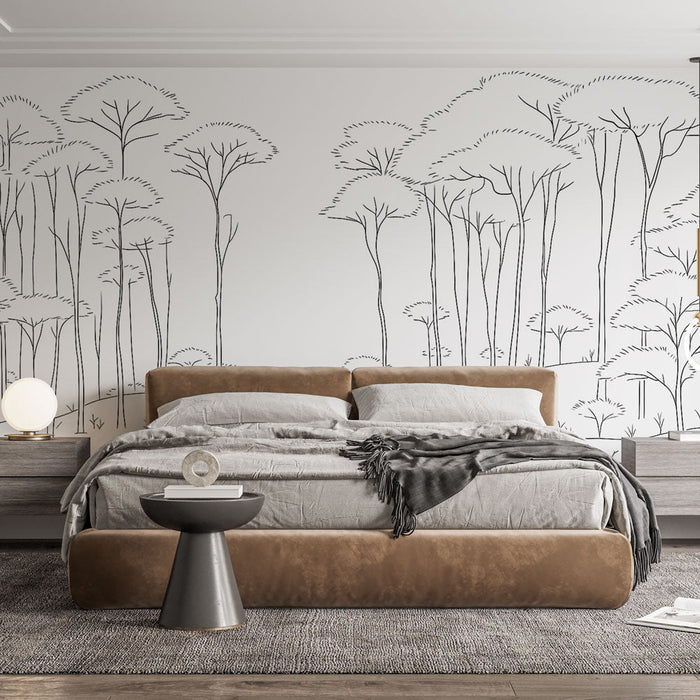 Δέντρο τοιχογραφίας | Δάσος σε λευκή άμμο σε γραμμική τέχνη