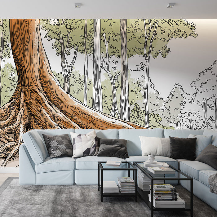 Fototapet drevo | Veliko drevo z močnimi koreninami v gozdu