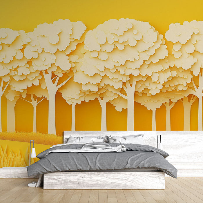 Fototapet copac galben | Copaci în hârtie decupată pe fundal galben strălucitor