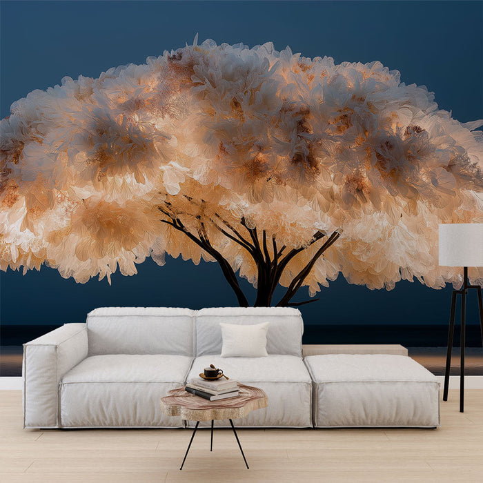 Fényes fa falmatrica | Fa világító fehér virágokkal sötét égbolt alatt