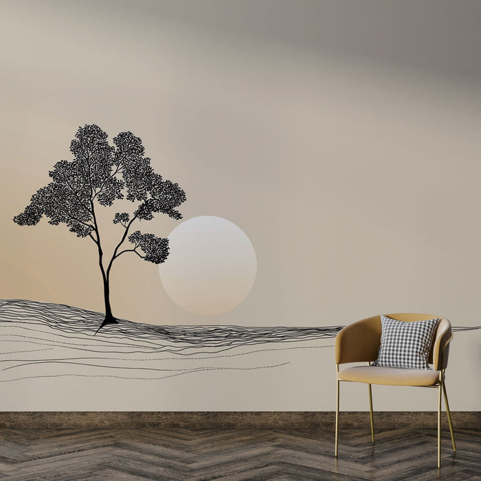 Фототапет с минималистично дърво | Силует на дърво с нежно слънце