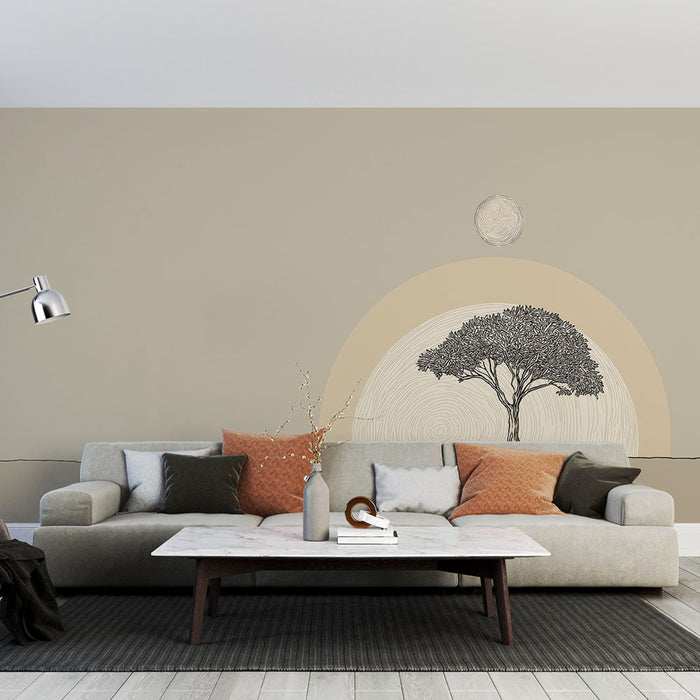 Fototapet minimalist ağaç | Arka planda stilize edilmiş bir güneşle ağaç silueti