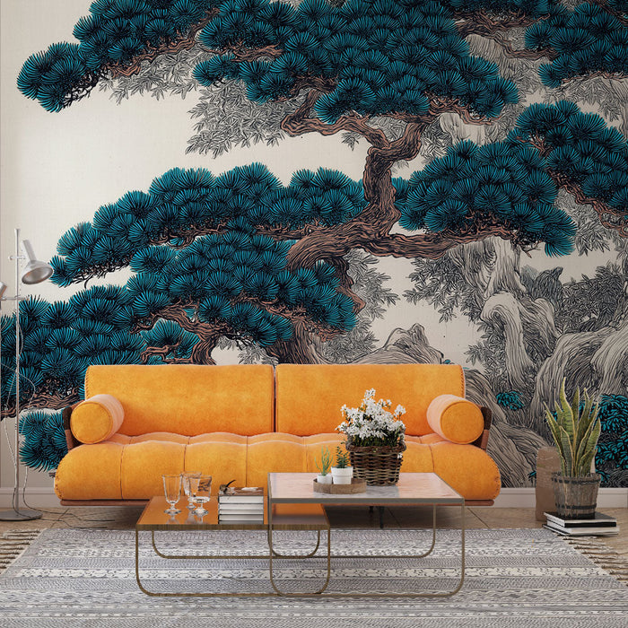 Fototapet drevo | Razkošen vzorec borovega drevesa v turkiznih tonih