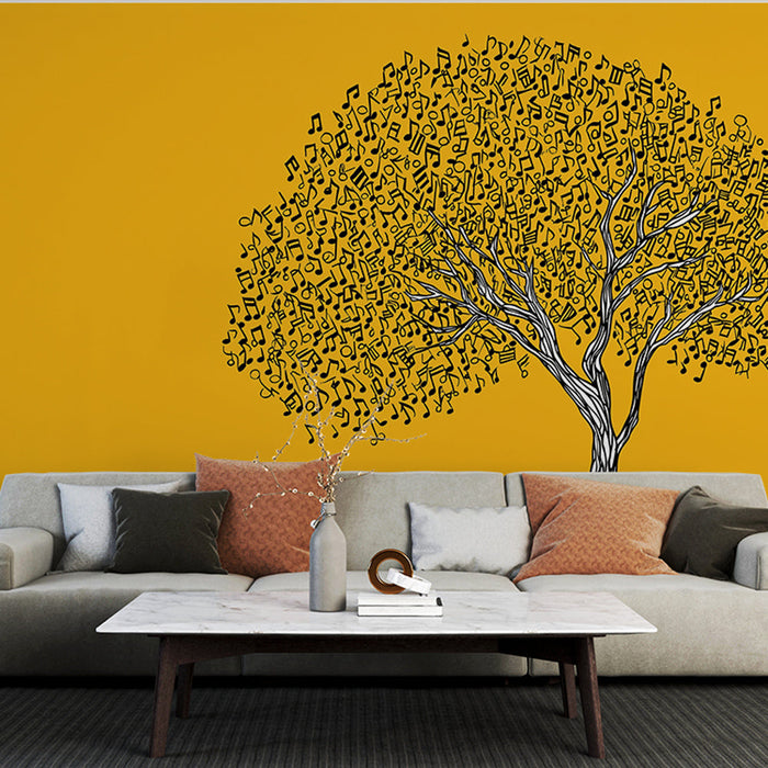 Fototapeet muusikaline puu | Stiliseeritud puu muusikanoote lehtedega kollasel taustal