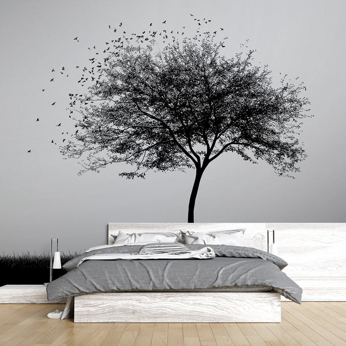 Mural Wallpaper svart-hvitt tre | Fugleflokk