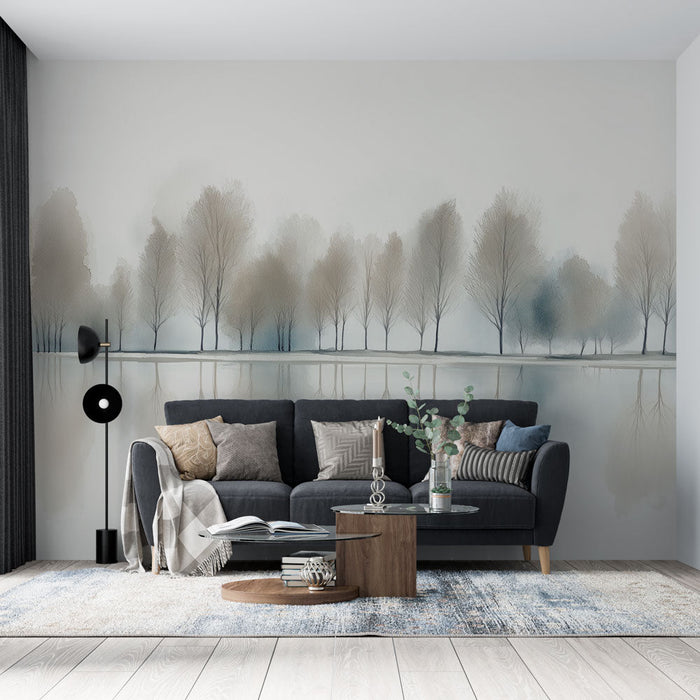 Mural Wallpaper arbre reflektált | Lágy árnyalatú faalakok nyugtató háttéren