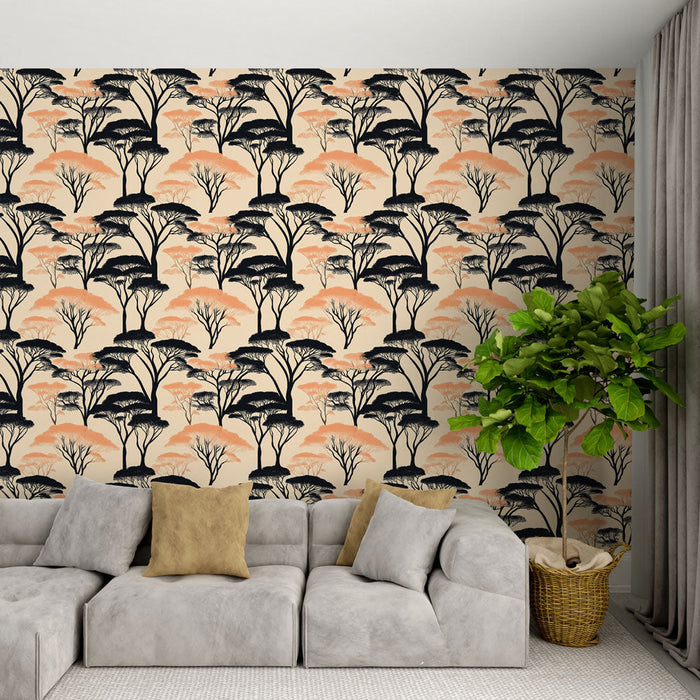 Fototapet drevesna silhueta | Črni motiv drevesa s pridihi oranžne barve na bež ozadju