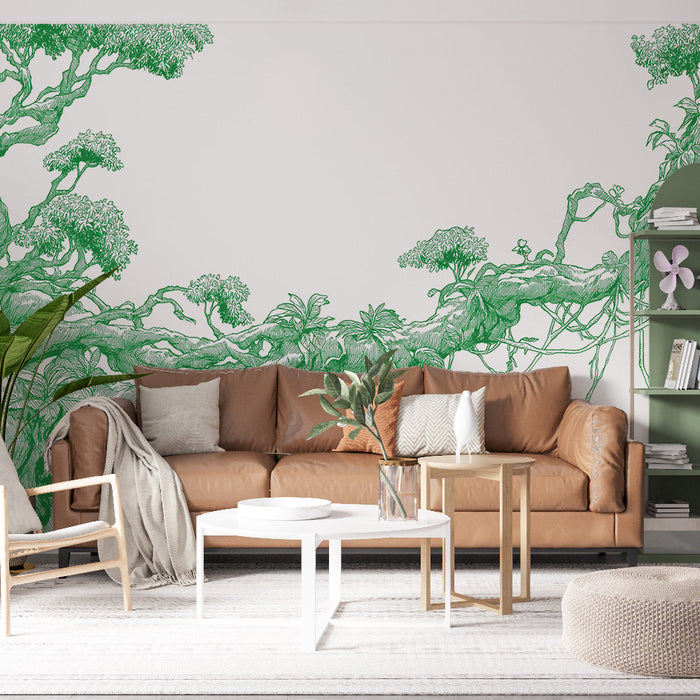 Fototapet stiliserat träd | Trädgren med fint ritade gröna detaljer