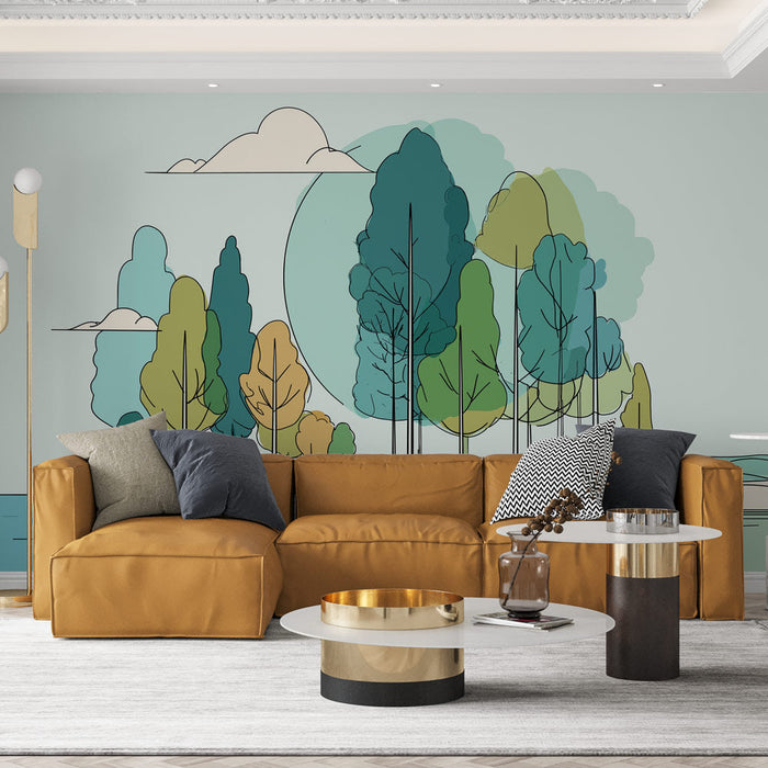 Tapetti värikkäät puut | Modernit metsämaisemat rauhoittavilla sävyillä