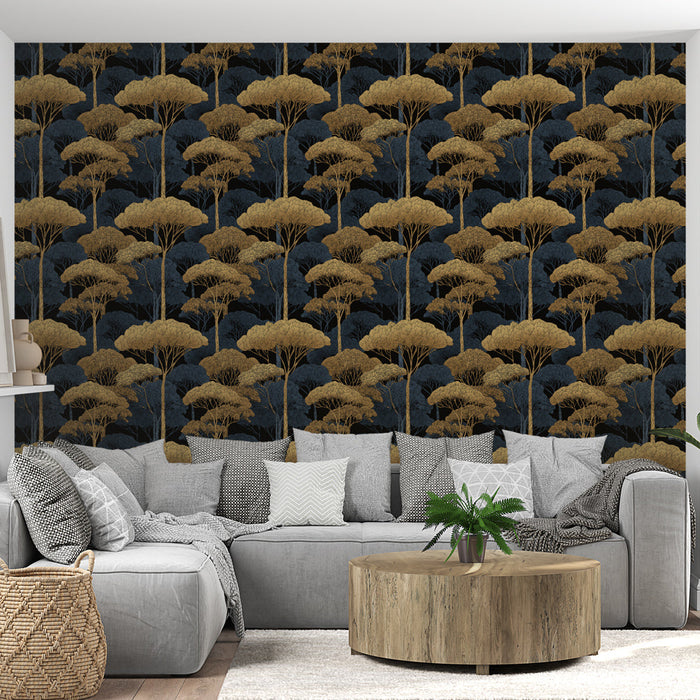 Tapete χρυσά δέντρα | Ένα κομψό σχέδιο με χρυσά φύλλα σε σκούρο φόντο