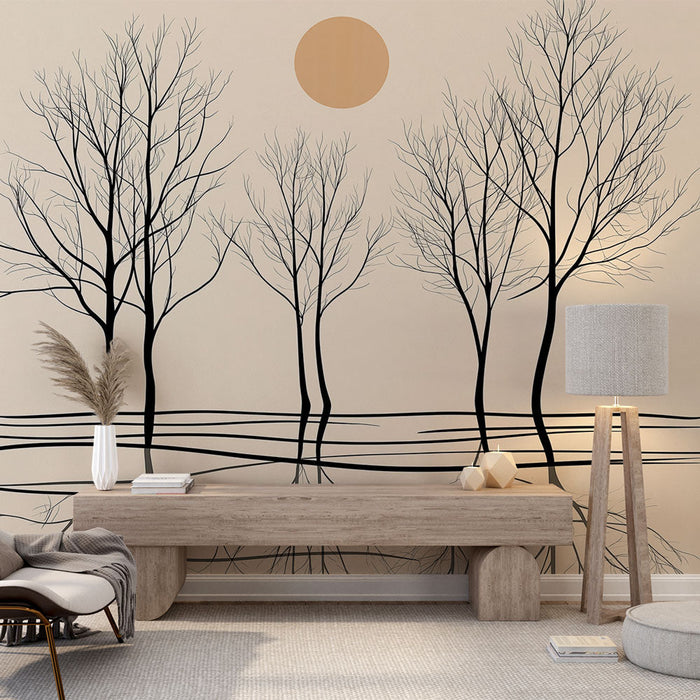 Mural Wallpaper black trees | Minimalist tree silhouettes on a soft background