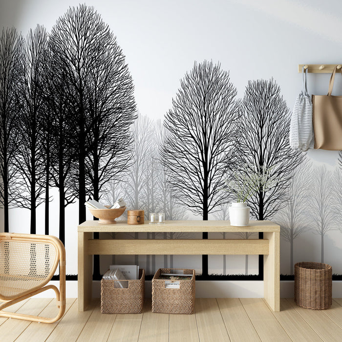 Tapet silueta copaci | Copaci negri și gri pe fundal alb