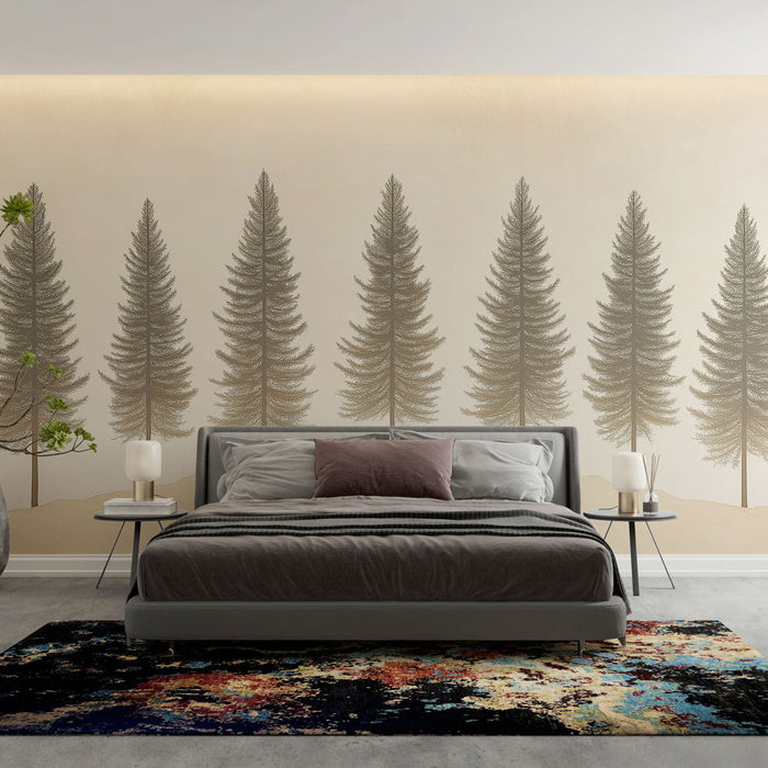 Foto Behang bomen | Coniferen silhouetten op een zachte achtergrond