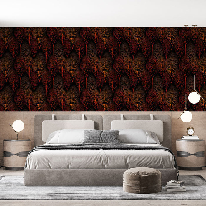 Carta da parati albero stilizzato | Motivo del ramo dell'albero nei colori caldi