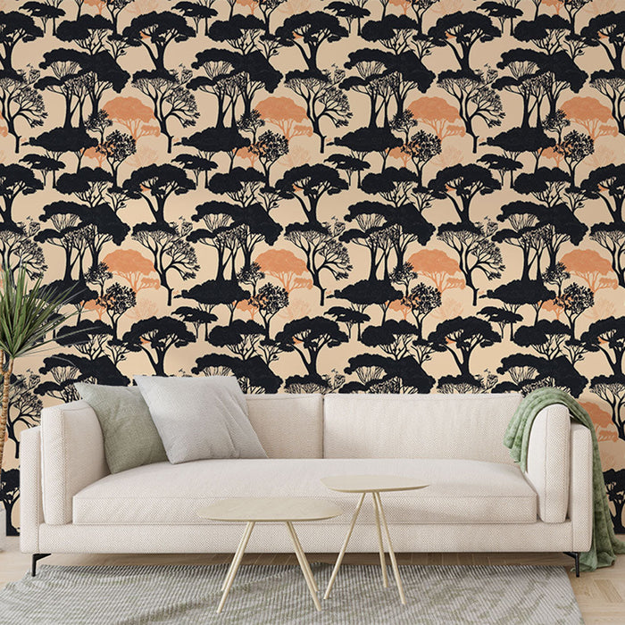 Fotótapéta stilizált fák | Fekete fa minták és puha színek érintései