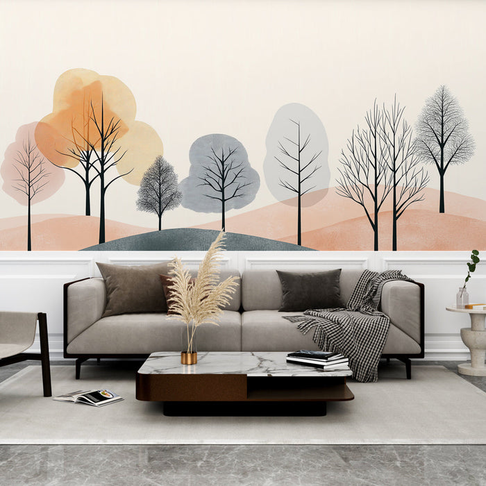 Fototapet tarzında ağaçlar | Renkli ağaçlar ve nazik tepelerle minimalist manzara