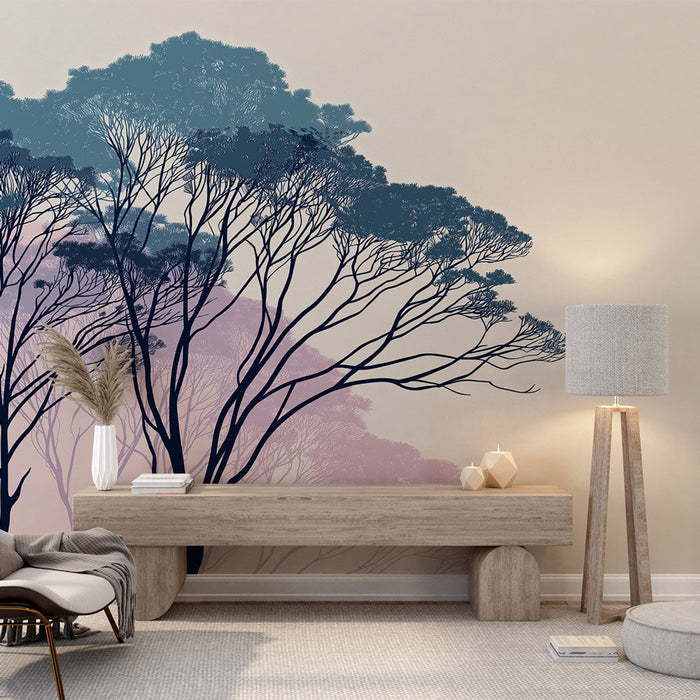 Carta da parati albero stilizzati | Silhouettes di alberi decidui nei toni blu e rosa