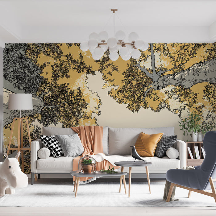 Mural Wallpaper trees | View of a sky through foliage drawn with golden shades