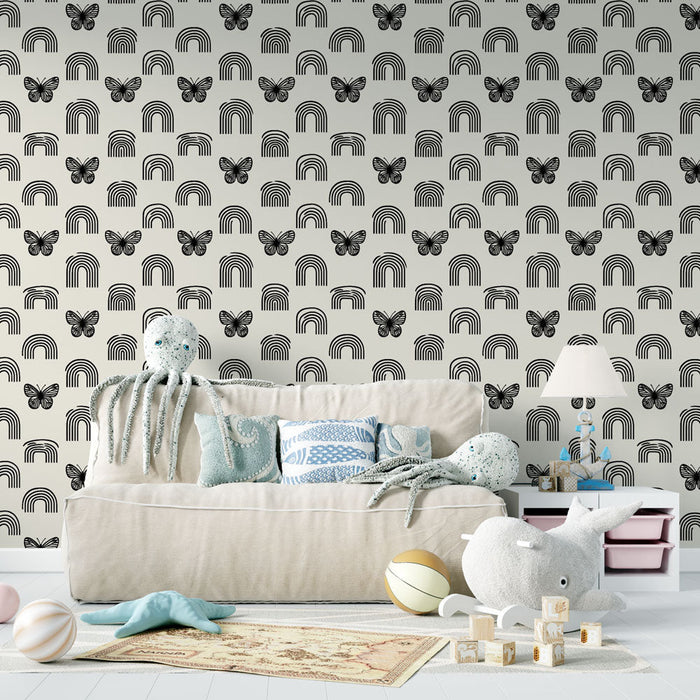 Fototapet gökkuşağı ve kelebekler | Zarif ve eğlenceli siyah beyaz desen